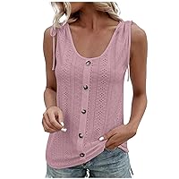 Women Fashion Jacquard Button Trim Eyelet Tank Tops Summer Flowy Lace-Up Shoulders Sleeveless Casual Loose T-Shirts