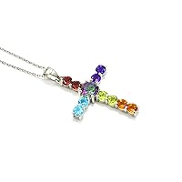 Natural Peridot Citrine Blue Topaz Amethyst Multi Gemstone Holy Cross Pendant Necklace 925 Sterling Silver Multi Jewelry Proposal Necklace Gift For Girlfriend (PD-8451)