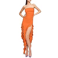 Skard Women Y2k Strapless Bodycon Dress Summer Irregular Tassel Split Ruched Long Dress Sexy Tube Dress for Party Club Dress
