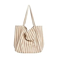 Striped Simple Tote Canvas Casual Handbag for Women Large Capacity Travel Shoulder Bag (Color: Pinstripe Apricot, Size: 39x35x21cm)