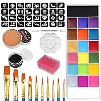 Professional Halloween Christmas Face Painting Kit Special Effects Stage Makeup Scar Makeup Wax, with Spatula，Scab Blood + Pink Stipple Sponge Brush and Body Oil Paint Paint Tray Pallet ，4 Painting Templates Body Art Party Fancy Complet Theatrical Makeup Set (02)