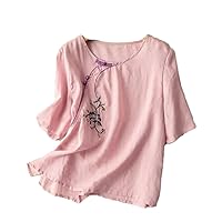 Embroidery Women Chinese Loose Shirts Casual O Neck Short Sleeve Summer Blouse Top