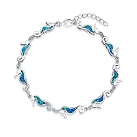 Nautical Seahorse Blue Created Opal Charm Link Bracelet For Women .925 Sterling Silver