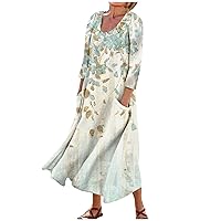 Plus Size 3/4 Sleeve Dress for Women Flowy Boho U Neck Maxi Dresses Floral Print Beach Sundresses with Pockets
