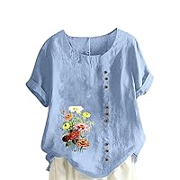 Women's Floral Print Cotton Linen Blouses Tops Dressy Casual Short Sleeve Tshirts Summer Loose Lightweight Button Down Shirt