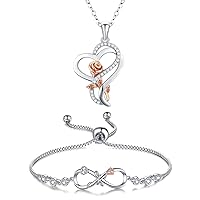 Desimtion Heart Rose Necklaces Bracelet Jewelry Set for Women Birthday Mothers Day Jewelry Gifts for Daughter Mom Wife