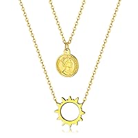Set of 2 Gold Stainless Steel Double Chain Sun and Queen Elizabeth Pendant Choker Necklace Wedding Jewelry for Women