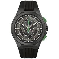 Bulova Men's Maquina Sport Black Ion-Plated Stainless Steel Case, 6-Hand Chronograph Quartz Watch with Matte Black Silicone Strap, Sapphire Crystal
