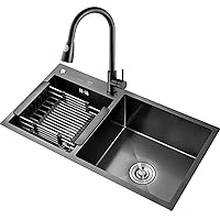 Kitchen Sinks,Kitchen Double Bowl Sink Stainless Steel Sink Large Kitchen Sink Pull Out Faucet Easy to Clean Accessories Included/Black/75 * 41Cm