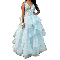 Women's Ruffles Quinceanera Dress Lace Applique Beaded Formal Prom Party Gowns for Sweet 16