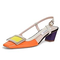 Women's Square Toe Metal Rectangle Buckle Patent Slingback Chunky Low Heel Pumps Ladies Dress Shoes 2 Inch