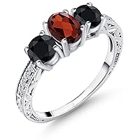 Gem Stone King 2.37 Ct Oval Red Garnet Black Sapphire 925 Sterling Silver Ring