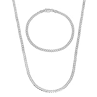 3mm Solid .925 Sterling Silver Flat Cuban Link Curb Chain Necklace + Bracelet Set