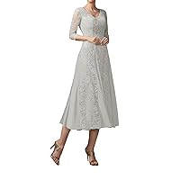 V Neck Mother of The Bride Dresses Lace Grandmother of The Bride Dresses Mother of The Groom Dresses Tea Length Silver US20W