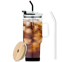 Glass Tumbler with Lid and Straws,40oz Large Capacity Glass Cup with Handle,Drinking Glasses with Silicone Coaster,Glass Water Cup,Smoothie Cup,Beer Cup,Ice Coffee Cup,Fits In Cup Holder
