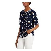 Charter Club Womens Navy Tie Pintucked Button-Front Slit Hems Floral Elbow Sleeve Round Neck Wear to Work Blouse Petites PXXL