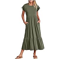 Best Clearance Deals Today Women's Short Sleeve Pocket Dress Summer Casual Mid Calf T-Shirt Dress Ruffle Hem Loose Swing Casual Dresses Tunic Sundress Modest Dress Army Green