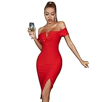 Unique Exclusive Women Sexy Formal Dress Red Off Shoulder V-Neck Split Party Bodycon Prom Evening Casual Dress