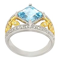 18k Yellow Gold and Sterling Silver Genuine Sky Blue Topaz and Cubic Zirconia Ring, Size 7