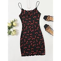 Dresses for Women Allover Cherry Print Lettuce Trim Dress (Color : Multicolor, Size : Small)