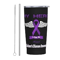My Hero Is Now My Angel Alzheimer's Disease Awareness 20oz Stainless Steel Mug with Lid and Straw Coffee Travel Mug Spill Proof with Lid Water Cup Tea Cup School Party Camping 20oz