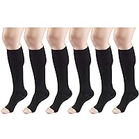 15-20 mmHg Compression Stockings for Men and Women, Knee High Length, Open Toe Black X-Large (6 Pairs)