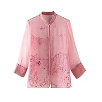 Women Blouse Silk Organza Embroidery Mock Collar Long Sleeve Hand Button Pink Top 134