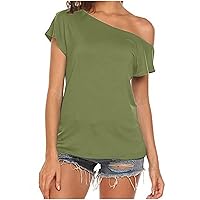 Womens Sexy One Shoulder Stretch Short Sleeve T-Shirts Summer Casual Slim Fit Trendy Solid Color Daily Tee Tops