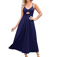 Women's Summer Dress Ladies Spaghetti Strap Dress Sleeveless V Neck Casual Maxi Dresses with Pockets(Dark Blue,Medium)