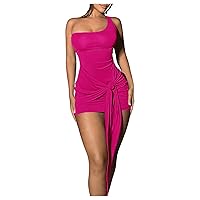 MakeMeChic Women's One Shoulder Asymmetrical Ruched Knot Front Sleeveless Summer Bodycon Mini Dress