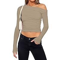 Women's Off The Shoulder Y2k Long Sleeve Crop Top Cute Going Out Tops Sexy Tee Shirts Tops Ruched Slim Fitted Tee