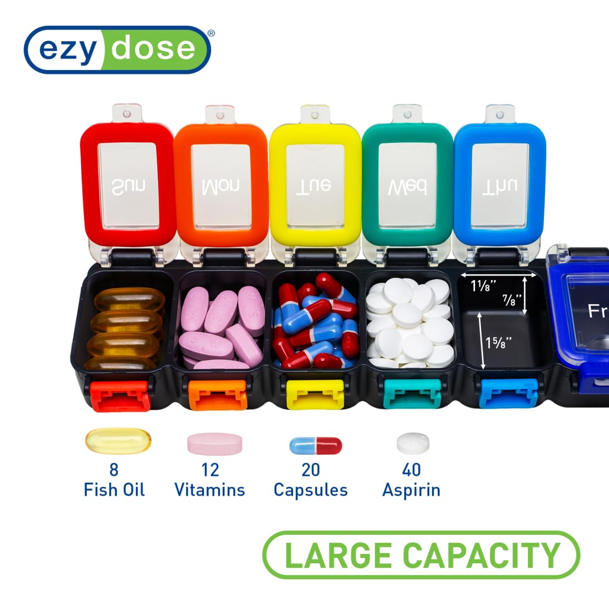 EZY DOSE Weekly (7-Day) Pill Planner, Medicine Case, Vitamin Organizer Box, Waterproof Locking Compartments to Secure Prescription Medication and Prevent Accidental Spilling, Rainbow