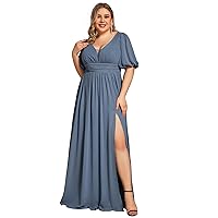 Ever-Pretty Plus Womens V-Neck Puffy Sleeves Ruched Bust A-Line Slit Maxi Plus Size Formal Evening Dress 01385-DA