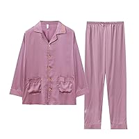 Plus Size Men's Silk Satin Pajama Sets Comfortable and Soft Sleepwear Long Sleeves Pjs Set With Two Pockets