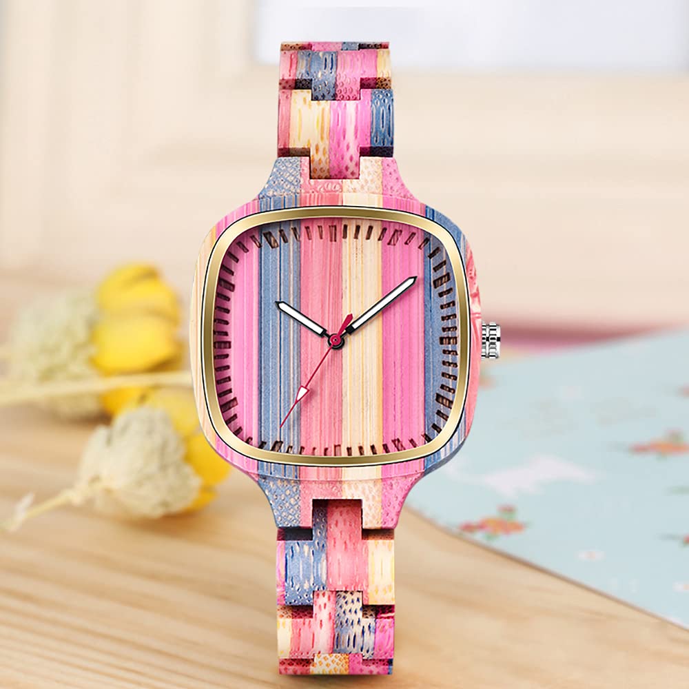 Tiong Womens Wooden Watch with All Wood Strap Quartz Analog Classic Design Colorful Bamboo Ladies Watches for Women, Couples