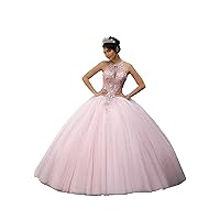 Women's Sweetheart Quinceanera Dress Lace Sequin Beads Applique Backless Princess Ball Gown Tulle Prom Dress Pink