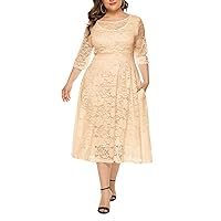Womens Plus Size Crew Neck Lace Three Quarter Sleeve A line Swing Dress Cocktail Dress Evening Party