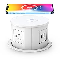 Automatic Pop up Power Outlet with 15W Wireless Charger,Pop up Electrical Outlets for Countertops,4.7'' Diameter Round Pop Up Counter Outlet with 4 Outlets,2 USB,Hidden Outlet,Pop Out Outlet