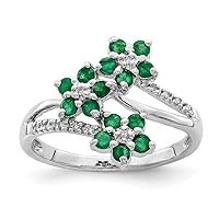 925 Sterling Silver Polished Open back 3 Flower Emerald and Diamond Ring Jewelry for Women - Ring Size Options: 6 7 8