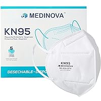 MEDINOVA KN95 Face Mask 50 Pcs Disposable Respirator 5-Ply 100% American Materials, White, Large