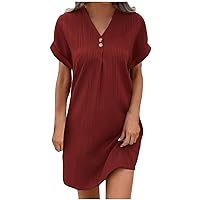 Women 2024 Casual Mini Dresses Rolled Up Short Sleeve V Neck Shift Dress Summer Elegant Textured Dresses Loose Tunic Dress