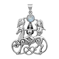 Sterling Silver Celtic Rhiannon Horse Goddess Pendant with Natural Rainbow Moonstone