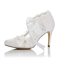JIAJIA 16798 Women's Bridal Shoes Closed Toe High Heel Lace Satin Pumps Pearl Bowknot Ribbon Tie Wedding Shoes