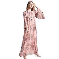 W17152 Elegant Pink 3/4 Flare Sleeve Belt Pleated Bow Big Swing Loose Long Dress