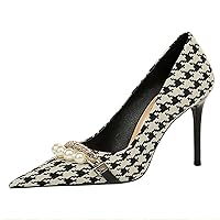 Women Closed Pointed Toe Pumps Shoes Slip-on Metal Chain Pearl Plaid Stiletto Formal Business Trendy
