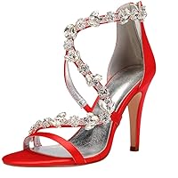Womens Corss Strappy Heels Open Toe Bride Party Job Dress Shoes High Heels Satin Zip Rhinestone Wedding Sandals Red US 9.5
