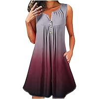 Plus Size Summer Sleeveless Tunic Dresses Women Gradient Style Button V Neck Cute Babydoll Mini Dress with Pockets