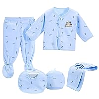 Preemie Twin Baby Boy Clothes Baby 5PCS Sleeve +Bib Tops+Hat+Pants Long Girls Outfits Long Sleeve Cute (Blue, One Size)