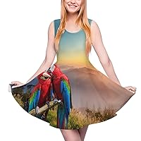 Red & Blue Macaw Parrots Women's Mini Dress Printed Summer Sundress Sleeveless 2022