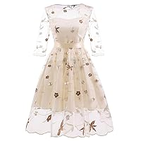 Women Vintage 1950s 3/4 Sleeve Floral Embroidery Dress Organza Tulle Evening Party Prom Cocktail Dresses